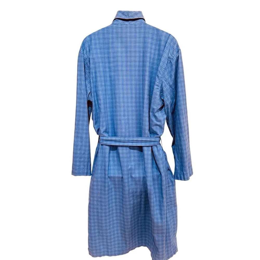 Vintage Polo Ralph Lauren Men Robe S M Blue Check‎ Piping Shawl Tie Cotton